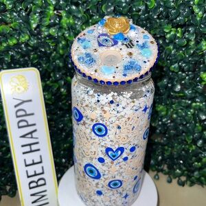 Evil Eye Glitter Snowglobe Cup - Blue & Gold Accents 16oz Glass